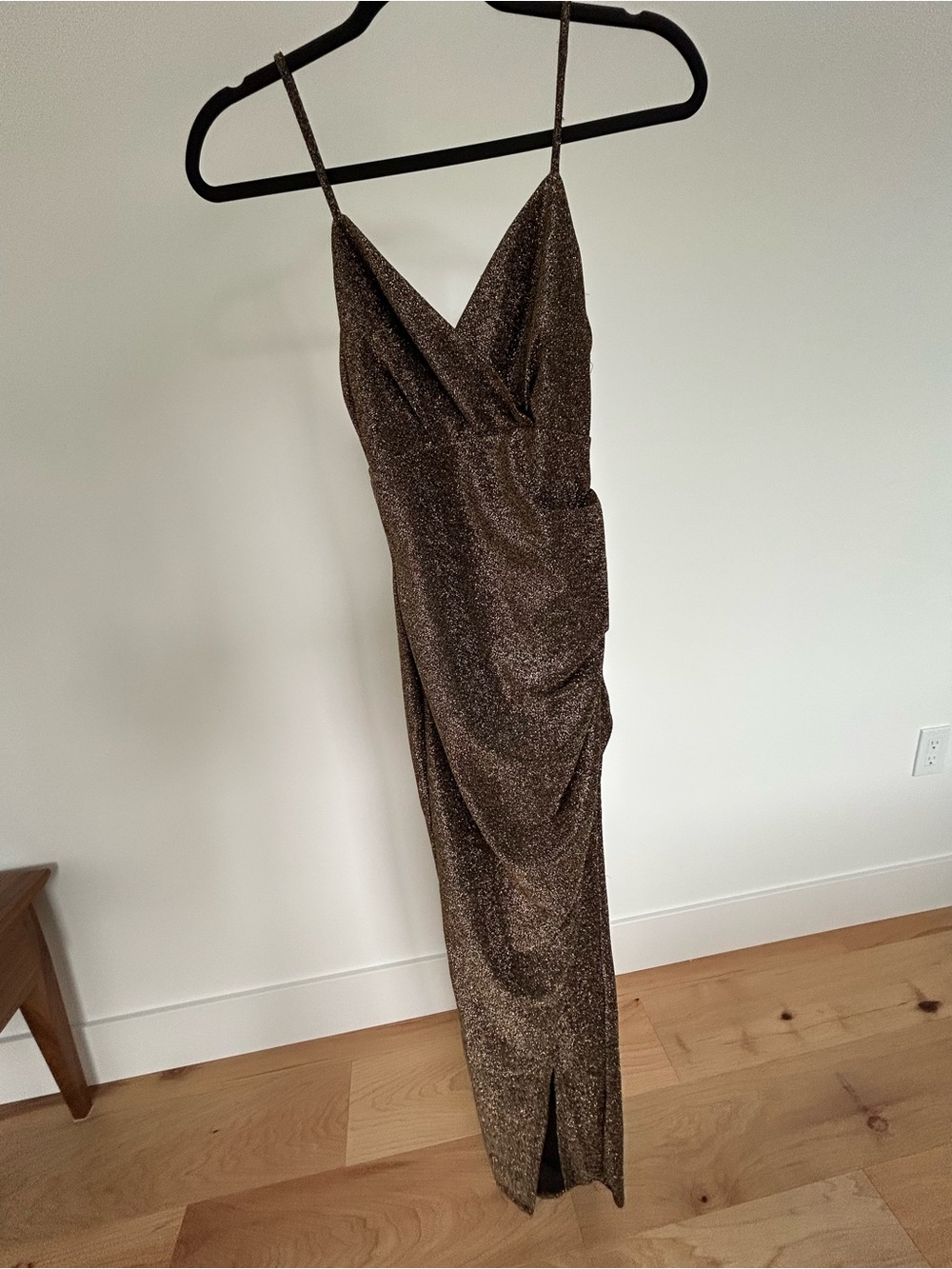 Metallic Bronze Draped Maxi Slip Dress with Spaghetti Straps
